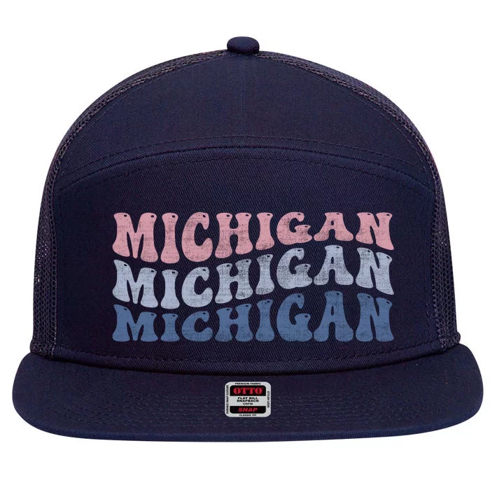 Michigan Retro Distressed Logo 7 Panel Mesh Trucker Snapback Hat