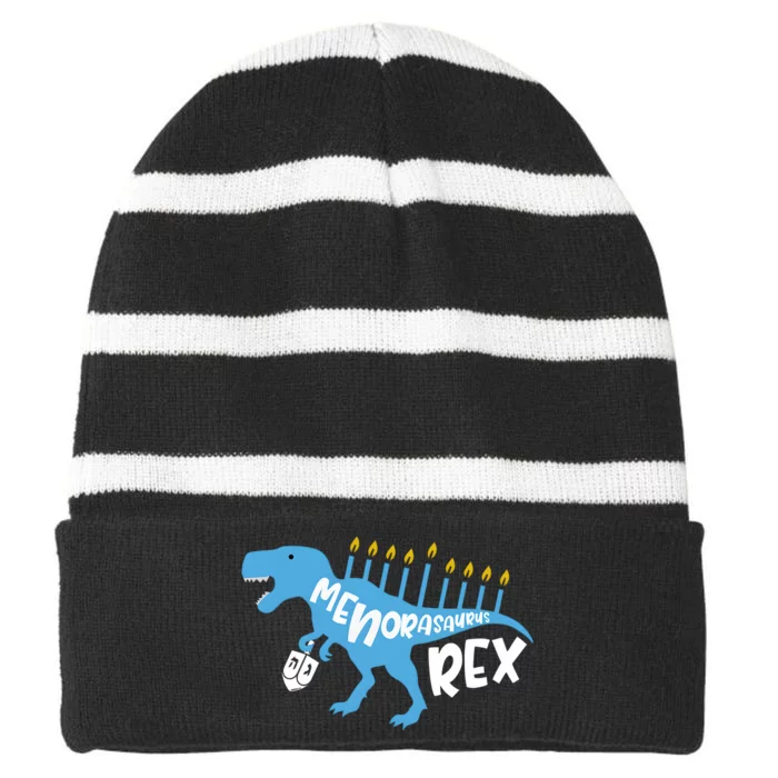 Menorasaurus Rex Dinosaur Hanukkah Jewish Striped Beanie with Solid Band