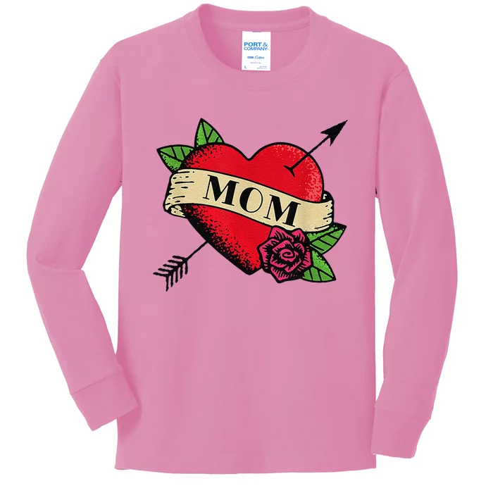 Mom Rose Heart Tattoo Valentines Mothers Day Gift Kids Long Sleeve Shirt