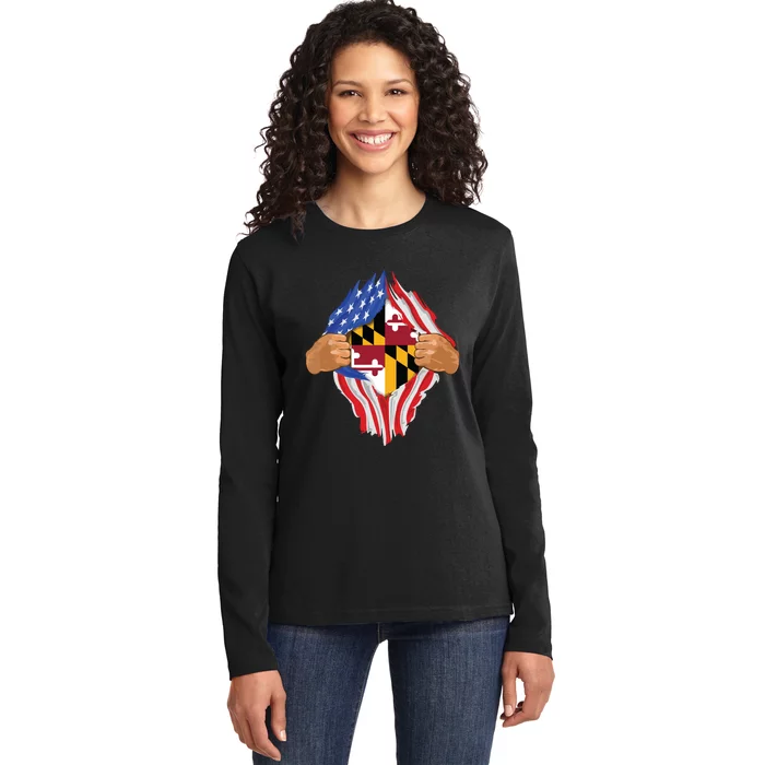 Maryland Roots Inside State Flag American Proud Ladies Long Sleeve Shirt