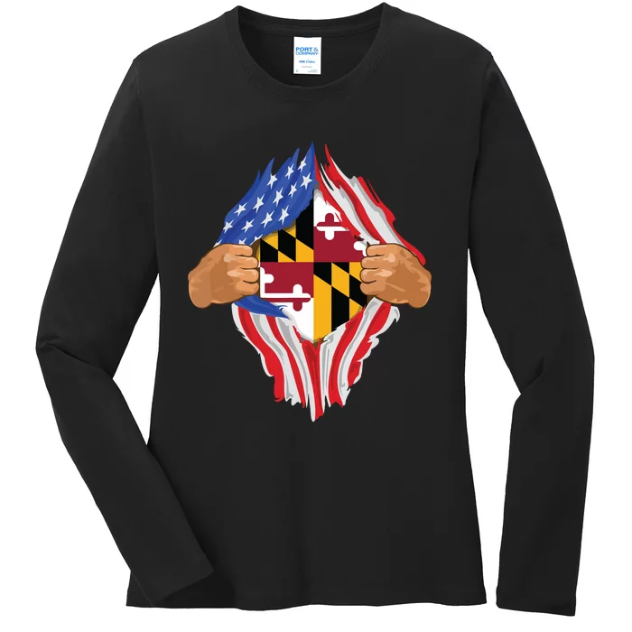 Maryland Roots Inside State Flag American Proud Ladies Long Sleeve Shirt