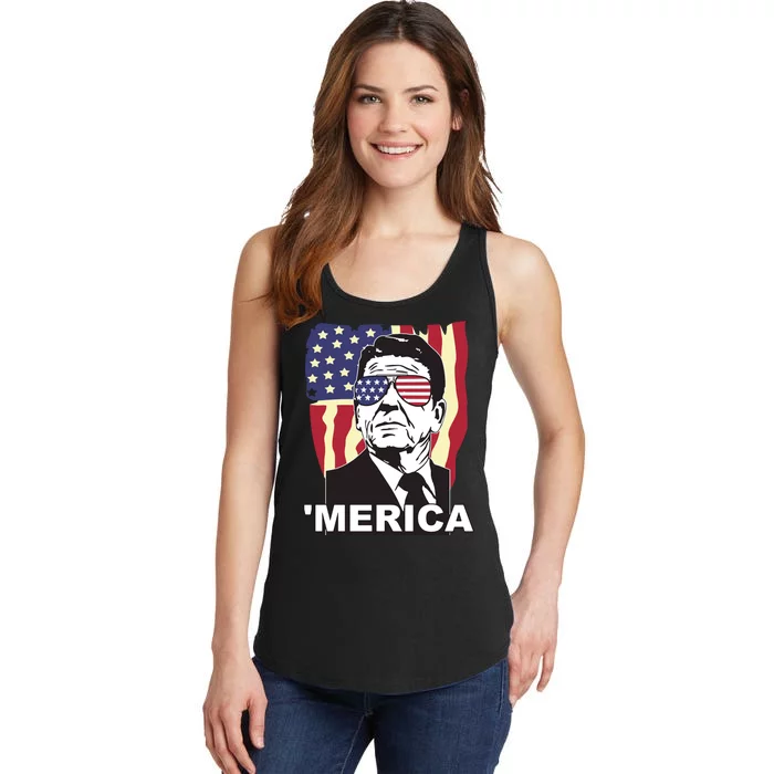 Merica Ronald Reagan Funny Usa Stars And Strips Proud American Ladies Essential Tank