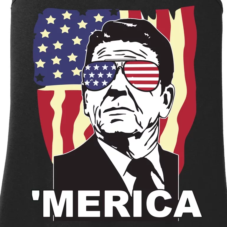 Merica Ronald Reagan Funny Usa Stars And Strips Proud American Ladies Essential Tank