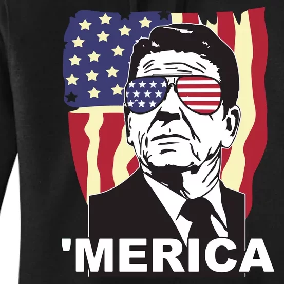 Merica Ronald Reagan Funny Usa Stars And Strips Proud American Women's Pullover Hoodie