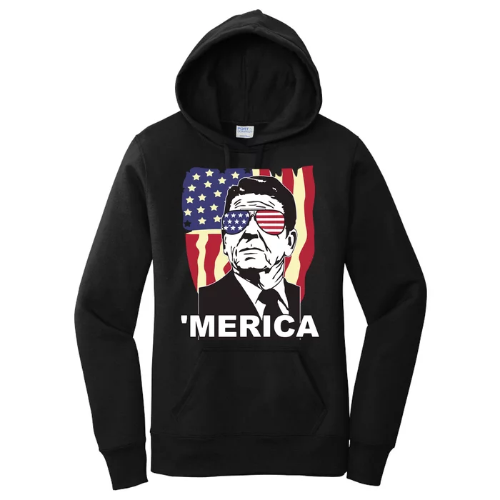 Merica Ronald Reagan Funny Usa Stars And Strips Proud American Women's Pullover Hoodie