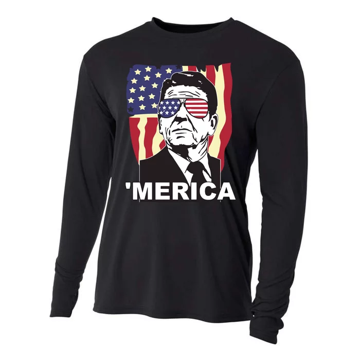 Merica Ronald Reagan Funny Usa Stars And Strips Proud American Cooling Performance Long Sleeve Crew