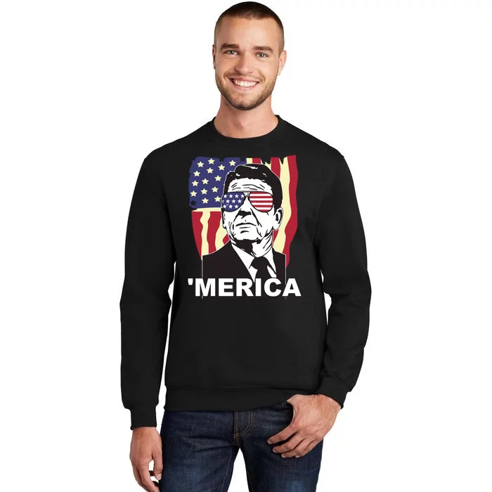 Merica Ronald Reagan Funny Usa Stars And Strips Proud American Tall Sweatshirt