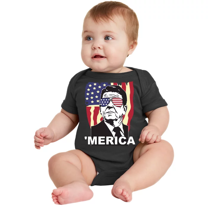 Merica Ronald Reagan Funny Usa Stars And Strips Proud American Baby Bodysuit