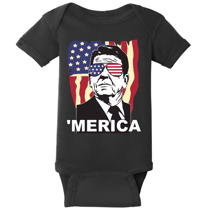 Merica Ronald Reagan Funny Usa Stars And Strips Proud American Baby Bodysuit