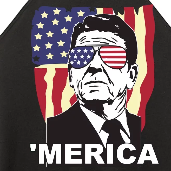 Merica Ronald Reagan Funny Usa Stars And Strips Proud American Women’s Perfect Tri Rocker Tank