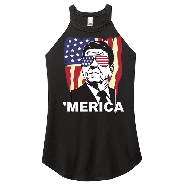 Merica Ronald Reagan Funny Usa Stars And Strips Proud American Women’s Perfect Tri Rocker Tank