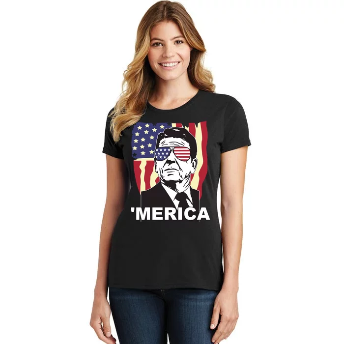 Merica Ronald Reagan Funny Usa Stars And Strips Proud American Women's T-Shirt