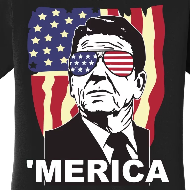 Merica Ronald Reagan Funny Usa Stars And Strips Proud American Women's T-Shirt