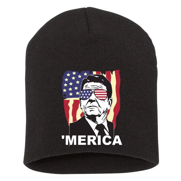 Merica Ronald Reagan Funny Usa Stars And Strips Proud American Short Acrylic Beanie