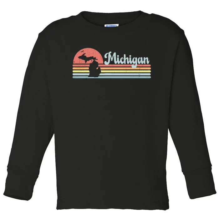 Michigan Retro Sunset Vacation Souvenir State Silhouette Toddler Long Sleeve Shirt