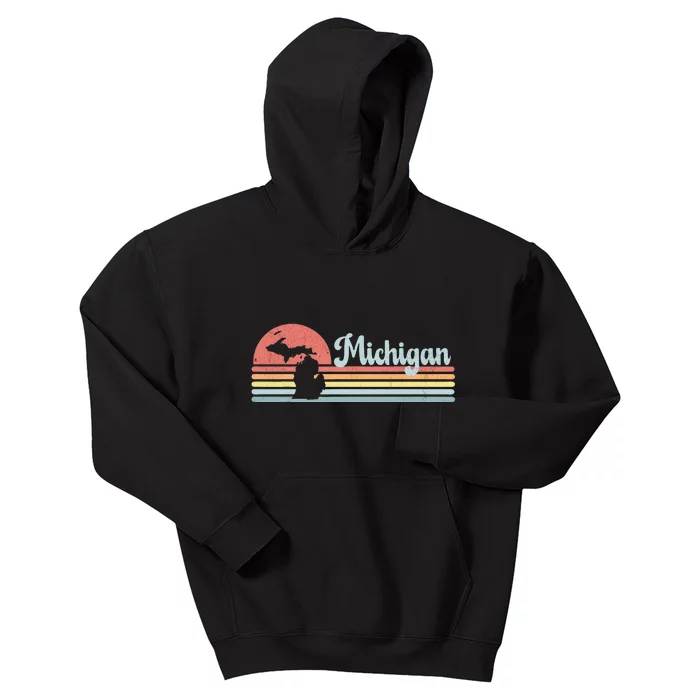 Michigan Retro Sunset Vacation Souvenir State Silhouette Kids Hoodie