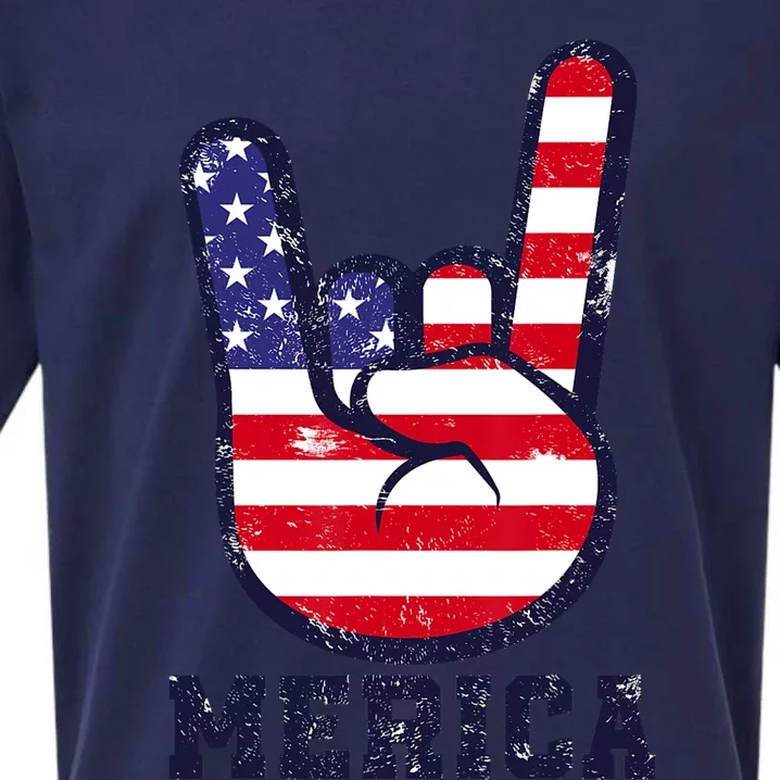 Merica Rock Sign 4th Of July American USA Flag Patriotic Sueded Cloud Jersey T-Shirt