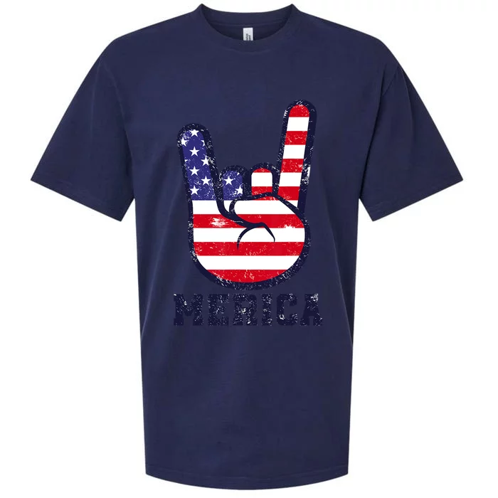 Merica Rock Sign 4th Of July American USA Flag Patriotic Sueded Cloud Jersey T-Shirt