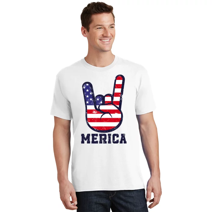 Merica Rock Sign 4th Of July American USA Flag Patriotic T-Shirt