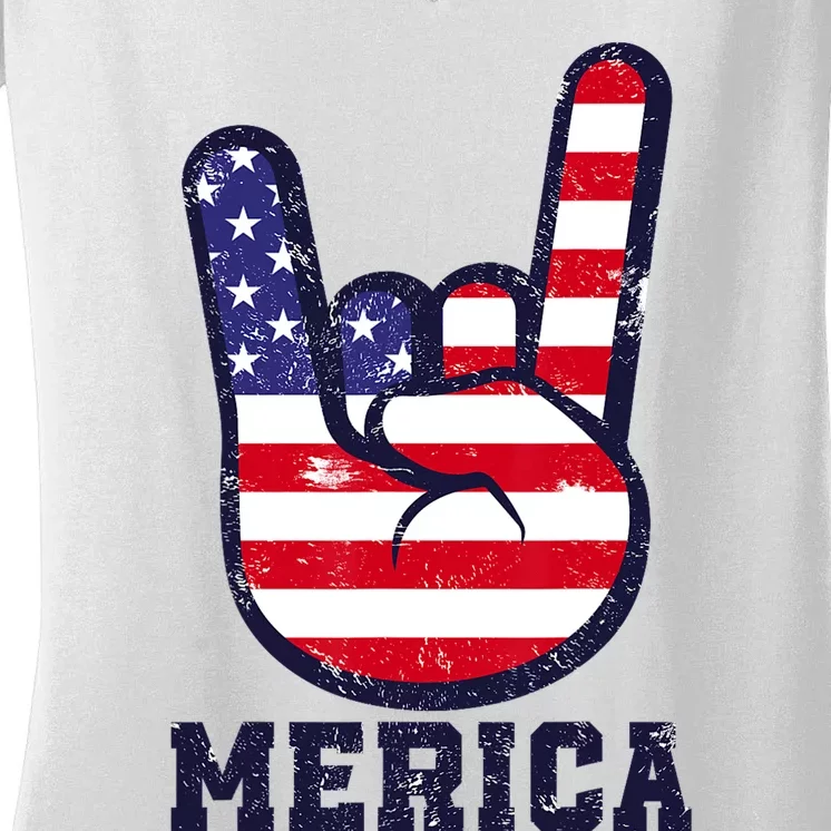 Merica Rock Sign 4th Of July American USA Flag Patriotic Women's V-Neck T-Shirt