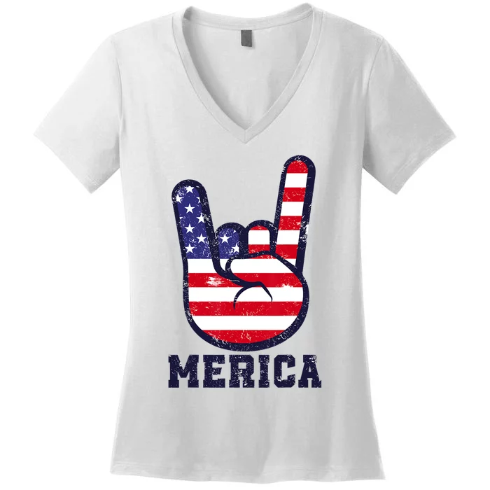 Merica Rock Sign 4th Of July American USA Flag Patriotic Women's V-Neck T-Shirt