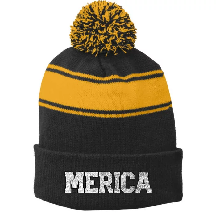 Merica Rock Sign 4th Of July Vintage American Flag Stripe Pom Pom Beanie