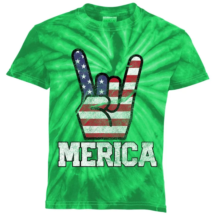 Merica Rock Sign 4th Of July Vintage American Flag Retro Usa Kids Tie-Dye T-Shirt