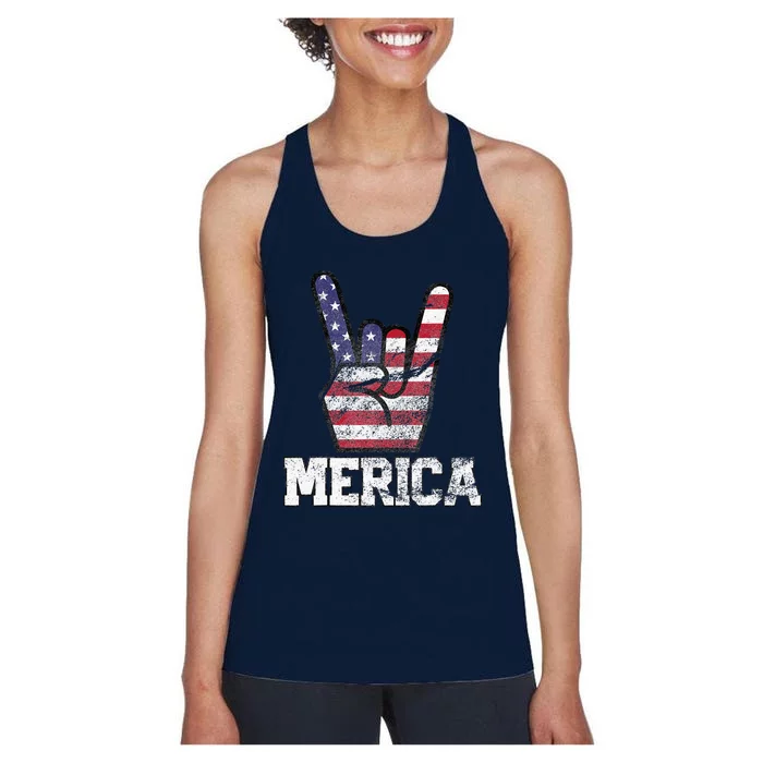 Merica Rock Sign 4th Of July Vintage American Flag Retro USA Women's Racerback Tank