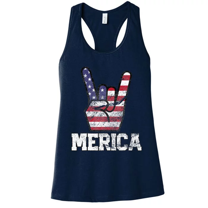 Merica Rock Sign 4th Of July Vintage American Flag Retro USA Women's Racerback Tank