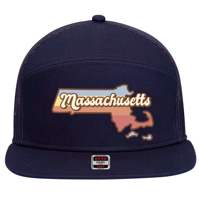 Massachusetts Retro Sunset Logo 7 Panel Mesh Trucker Snapback Hat