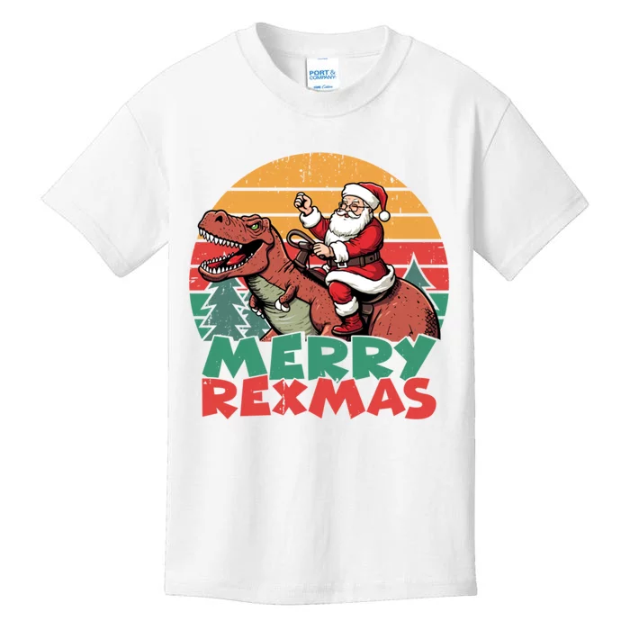 Merry Rexmas Santa Riding Dinosaur Dinosaur Christmas Kids T-Shirt