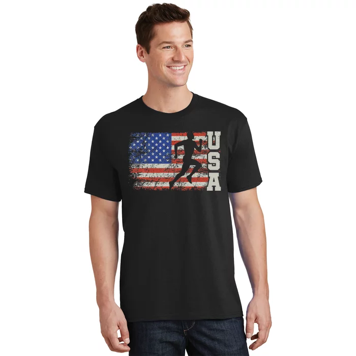 Marathon Runner Team America Usa Flag Running Shoes T-Shirt