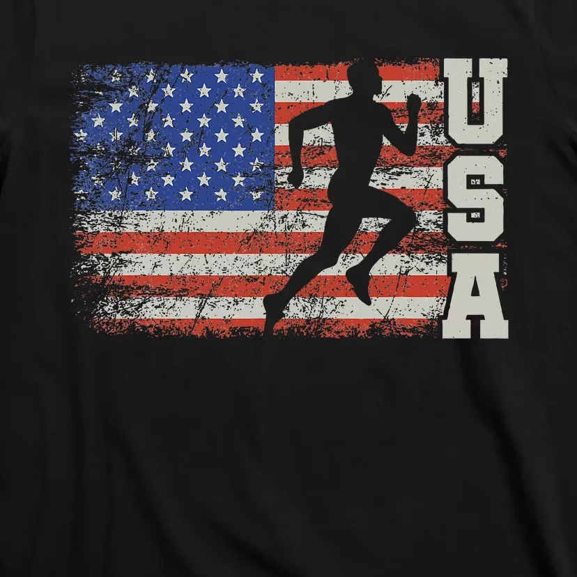 Marathon Runner Team America Usa Flag Running Shoes T-Shirt