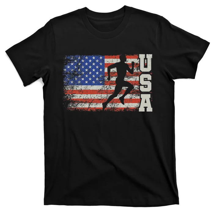 Marathon Runner Team America Usa Flag Running Shoes T-Shirt