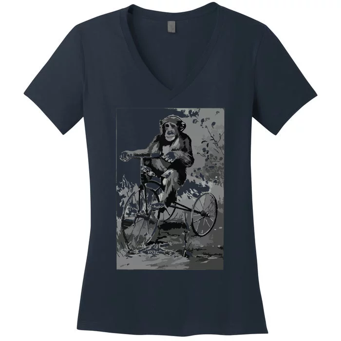 Monkey Riding Tricycle ArtVintage Chimp Funny Women's V-Neck T-Shirt