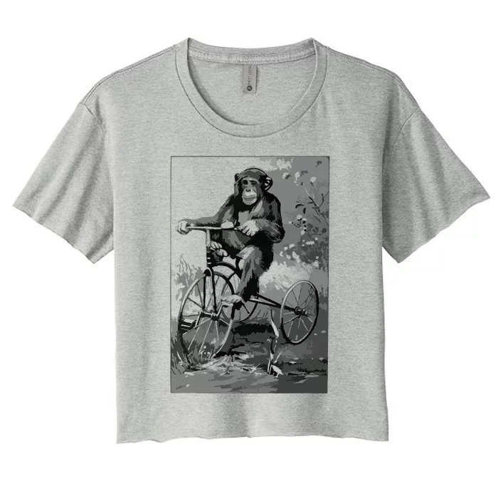 Monkey Riding Tricycle ArtVintage Chimp Funny Women's Crop Top Tee