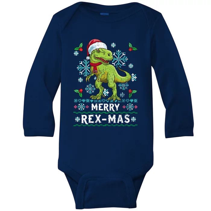 Merry Rexmas Ugly Christmas Sweater Dino Holiday Trex Gift Baby Long Sleeve Bodysuit