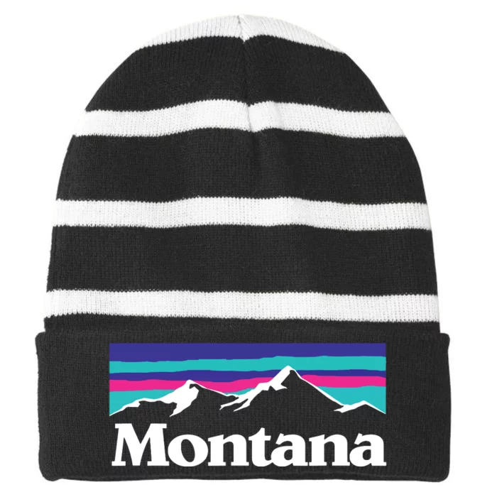 Montana Retro Vintage Mountain Outdoors State Graphic Striped Beanie with Solid Band