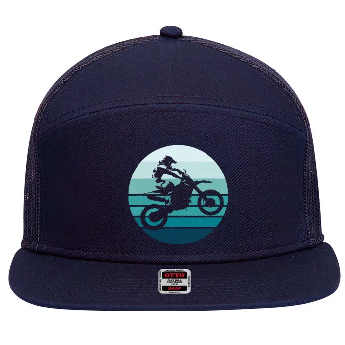 Motocross Retro Vintage Dirt Bike Rider Sunset Background 7 Panel Mesh Trucker Snapback Hat