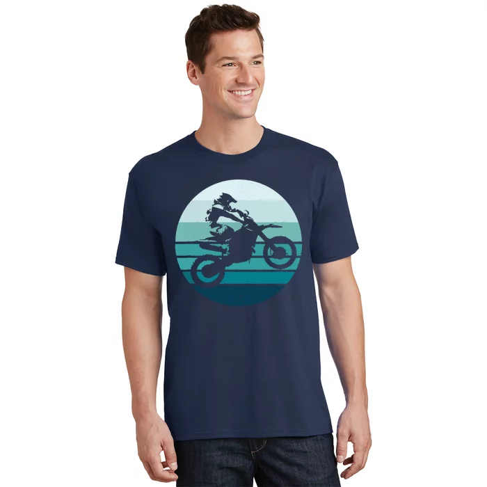 Motocross Retro Vintage Dirt Bike Rider Sunset Background T-Shirt