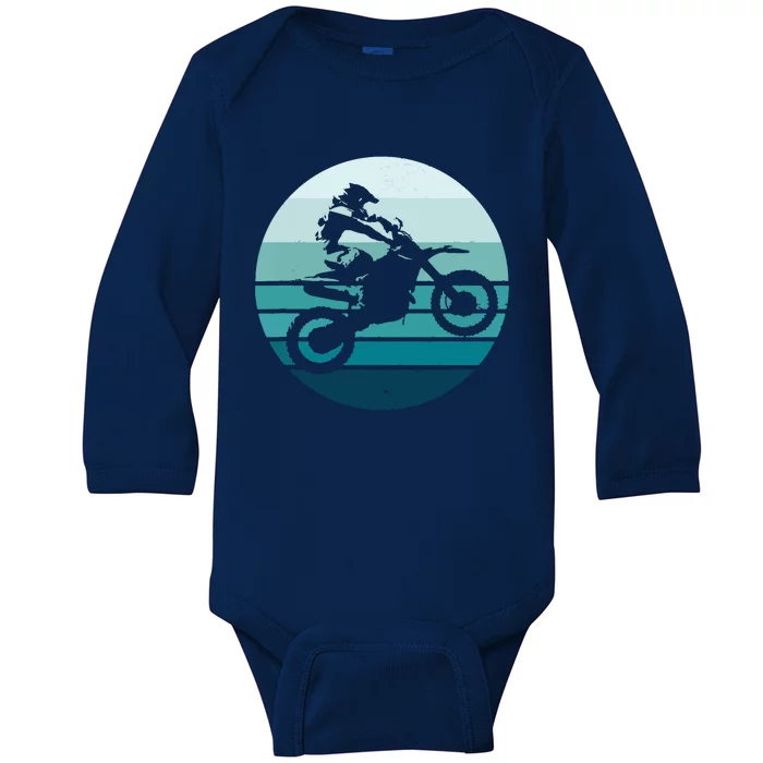 Motocross Retro Vintage Dirt Bike Rider Sunset Background Baby Long Sleeve Bodysuit