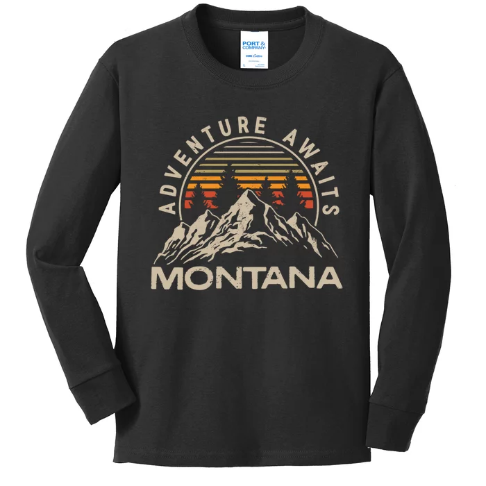 Montana Retro Vintage Outdoors Mountain Graphic Design Kids Long Sleeve Shirt