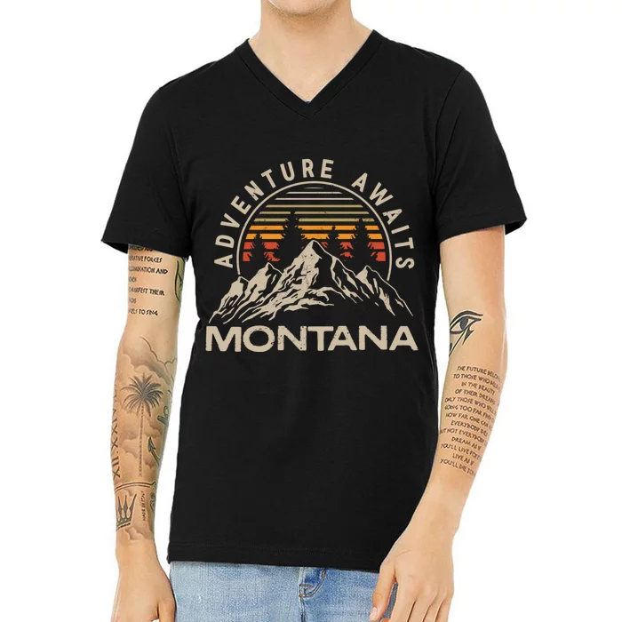 Montana Retro Vintage Outdoors Mountain Graphic Design V-Neck T-Shirt