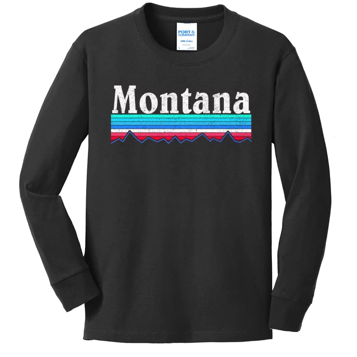 Montana Retro Vintage Outdoors Mountain Graphic Design Kids Long Sleeve Shirt