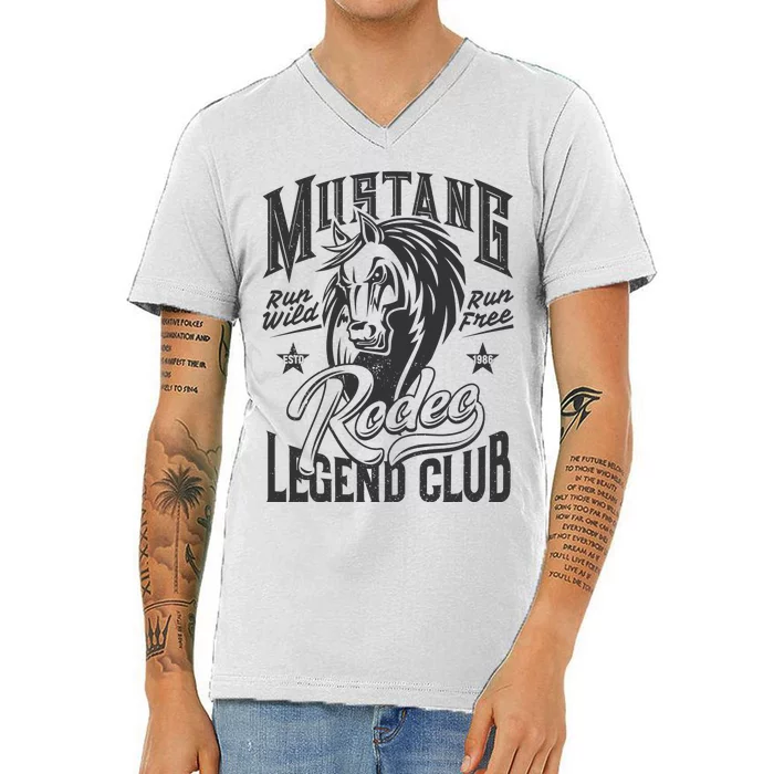 Mustang Run Wild Run Free Rodeo Legend Club V-Neck T-Shirt