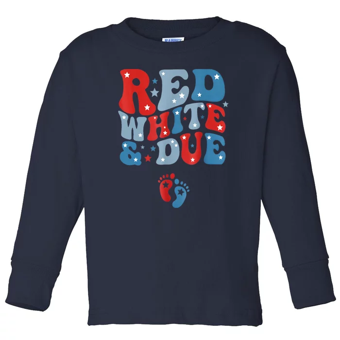 Mommy Red White Blue And Due 4th Of July Usa Baby Reveal American Gift Toddler Long Sleeve Shirt