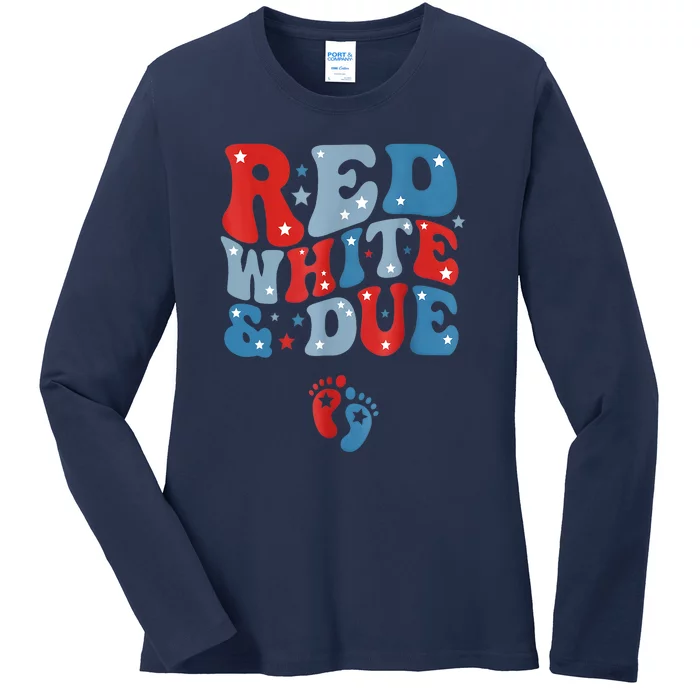 Mommy Red White Blue And Due 4th Of July Usa Baby Reveal American Gift Ladies Long Sleeve Shirt