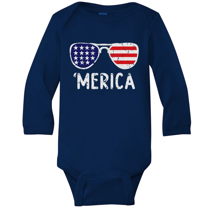 Merica Sunglasses 4th Of July Usa Baby Long Sleeve Bodysuit