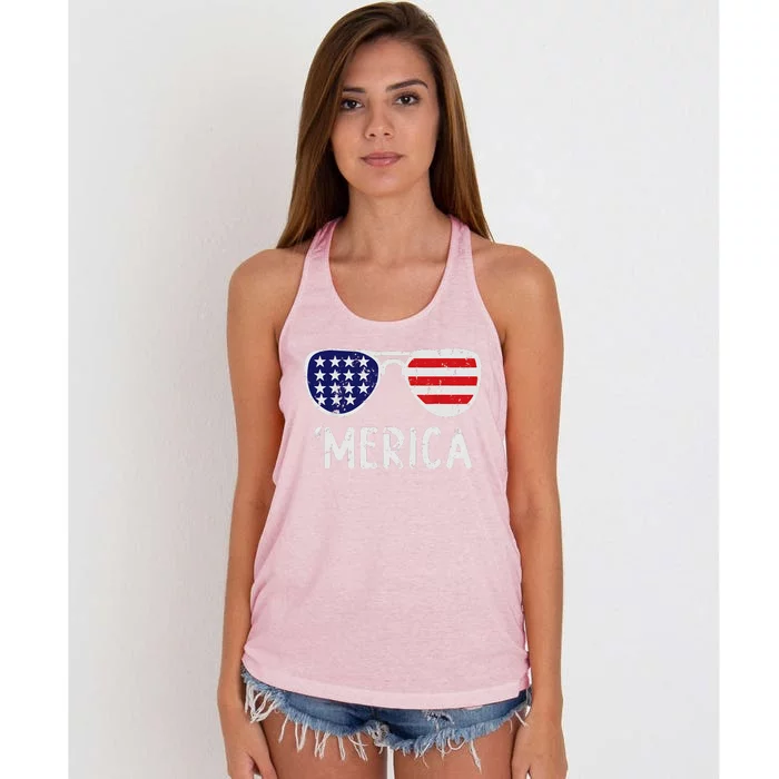 Merica Sunglasses 4th Of July Usa Women's Knotted Racerback Tank