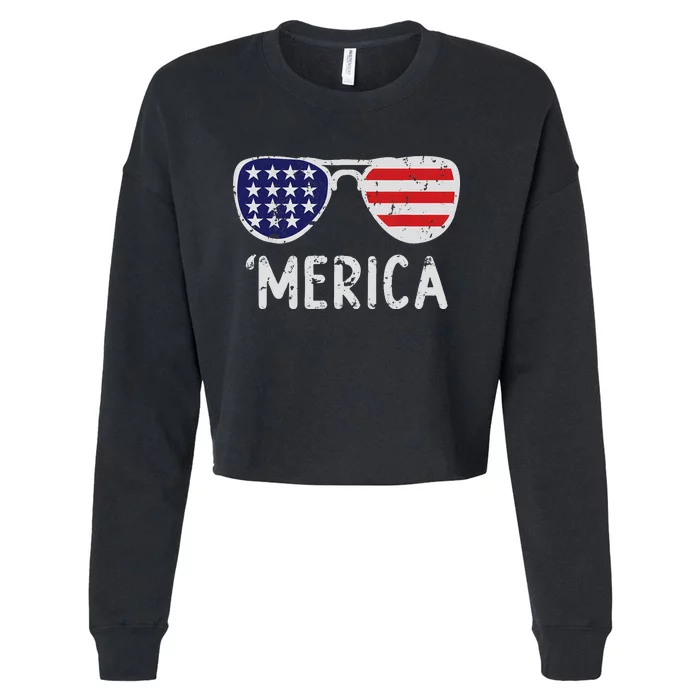 Merica Sunglasses 4th Of July Usa Pride Cropped Pullover Crew